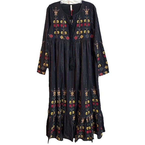 Raga Dresses & Skirts - Raga XS Anthropologie Midi Dress Embroidered Metallic Long Sleeve Black NWT
